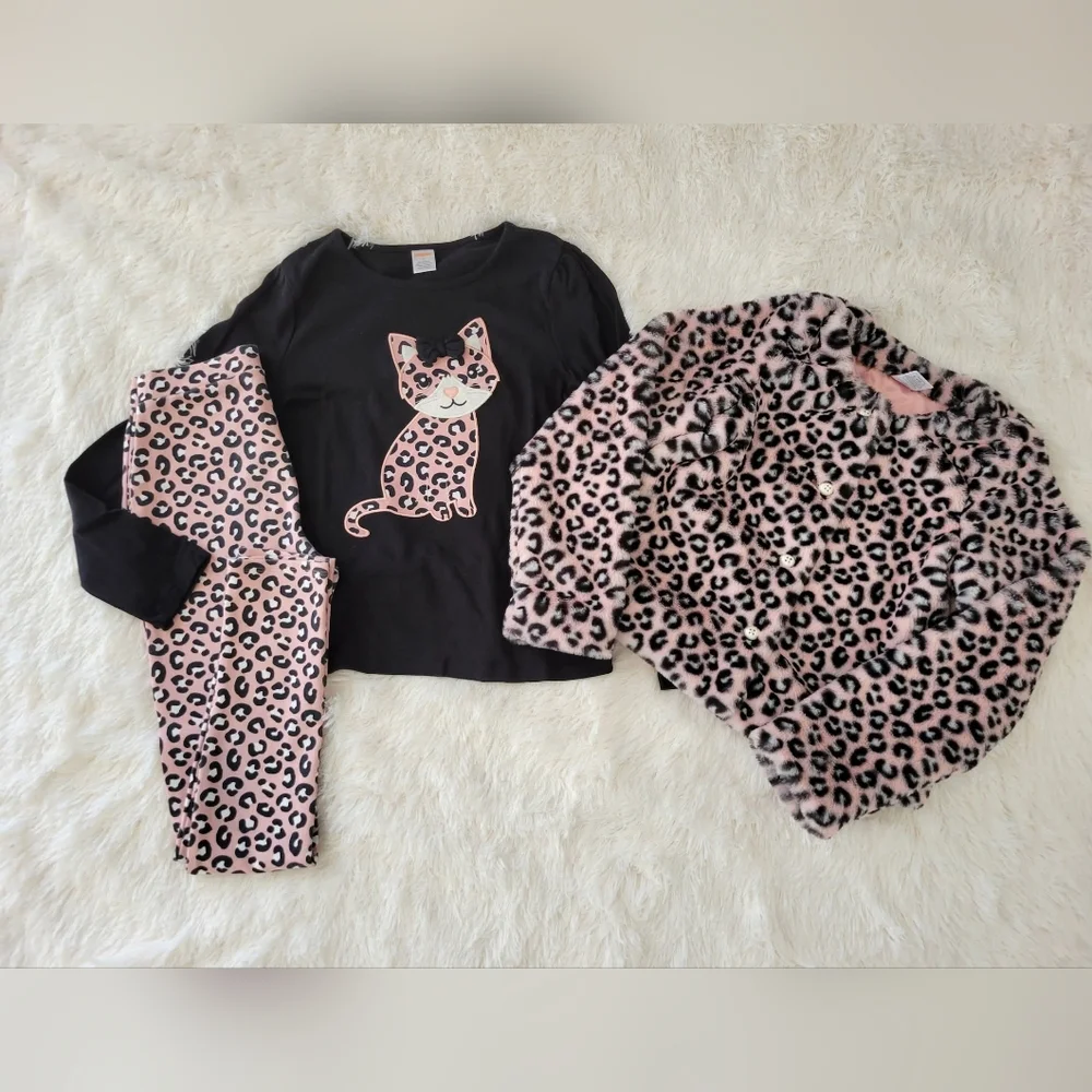 Gymboree Pink/Black Leopard Outfit, Faux Fur Jacket, Top,  Pants Girls Size 12